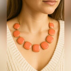 Kate Spade Statement Necklace – 9 Coral/ Pink Stones, Gold Tone Chain Designer
